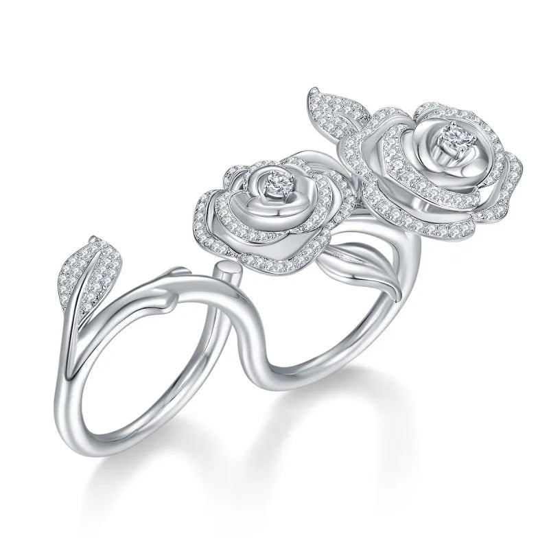 Women's luxury gift rings-1.91 Ctw Round Diamond Camellia Flower Double Ring