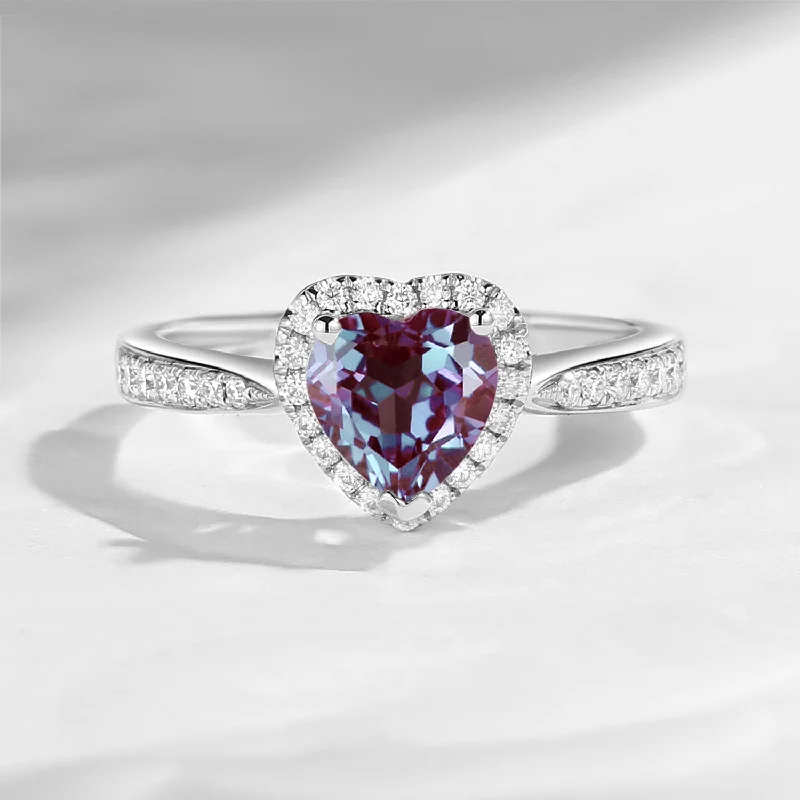 Women's cocktail rings-Classic Heart Shaped Halo Lab Alexandrite Promise Ring