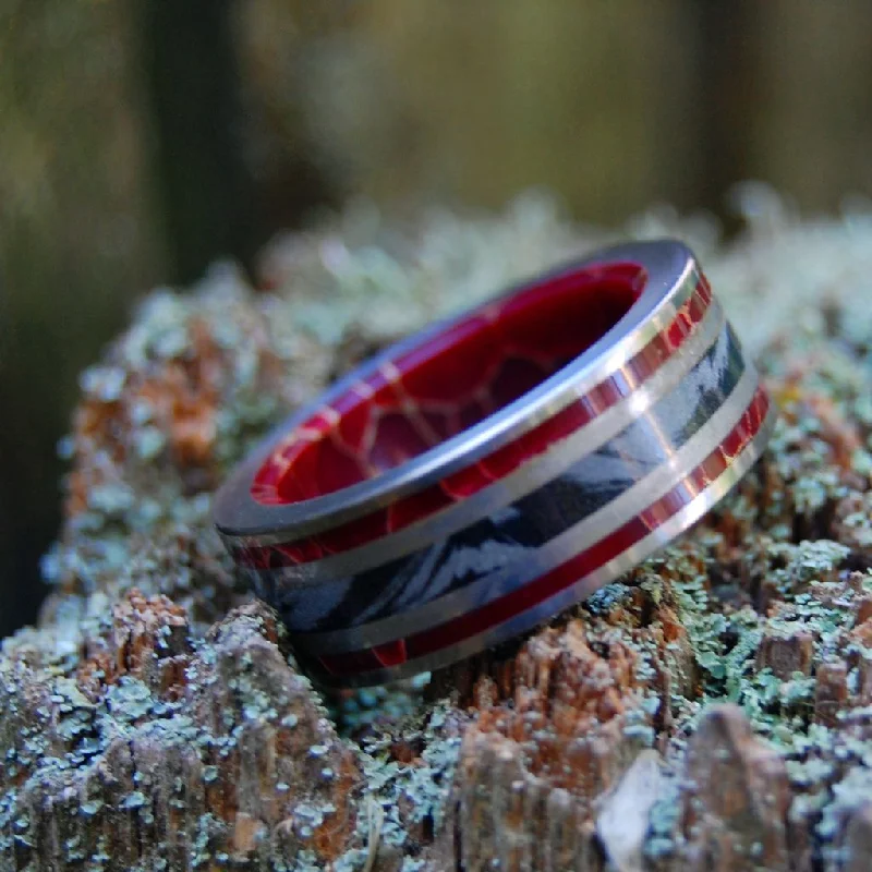 Women's elegant rings-Embers Of Love | Men's Gray Mokume Gane, Red Jasper & Titanium Wedding Ring