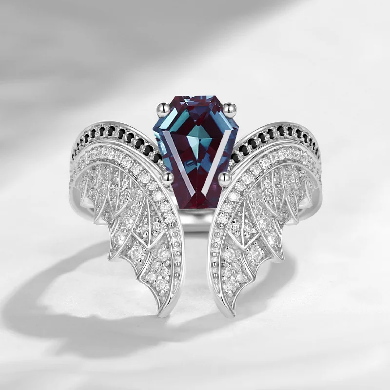 Women's charm rings-Coffin Cut Lab Alexandrite Vintage White Gold Bridal Set 2pcs - Bat Ring