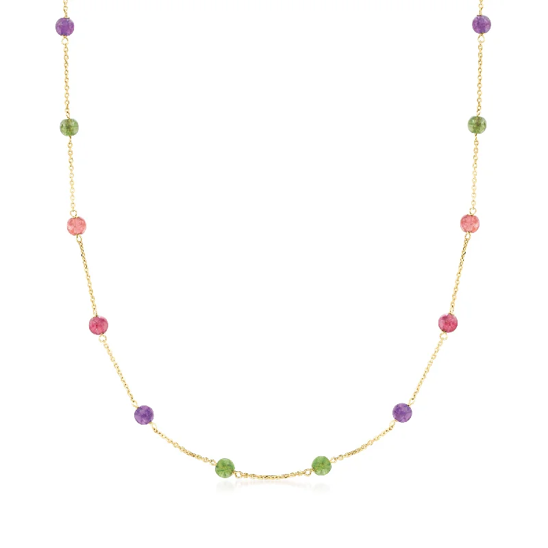 Women's vintage-inspired necklaces-Ross-Simons Italian Multicolored Tourmaline and Amethyst Bead Station Necklace in 18kt Yellow Gold