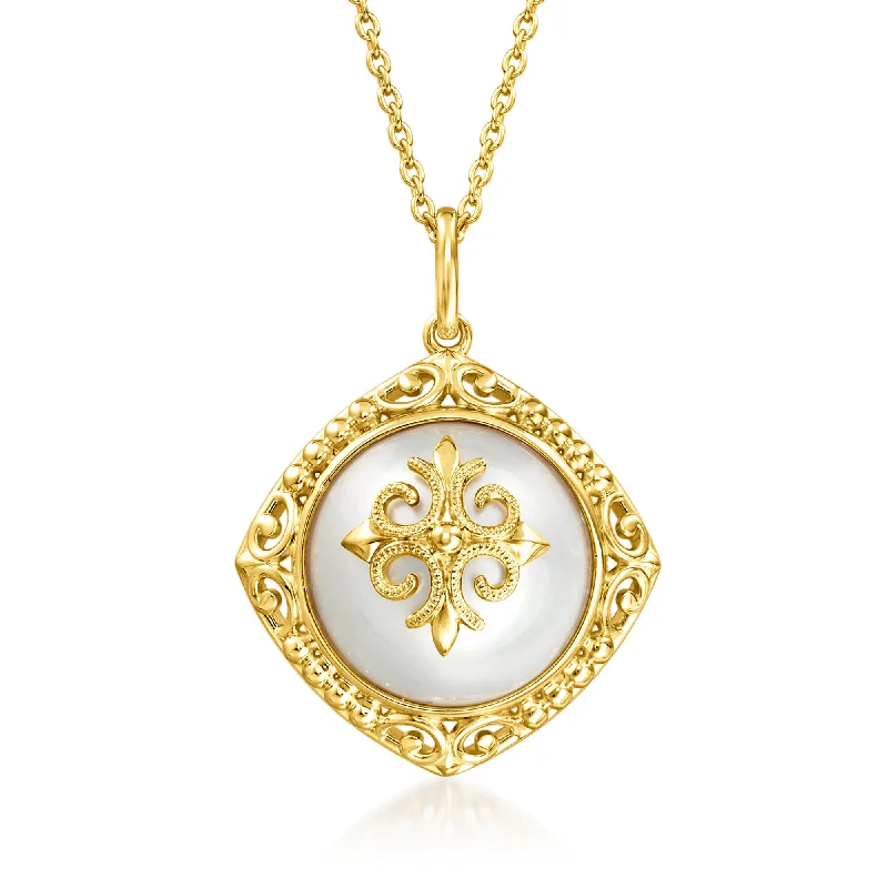 Women's photo necklaces-Ross-Simons 13.5-14mm Cultured Mabe Pearl Filigree Pendant Necklace in 18kt Gold Over Sterling