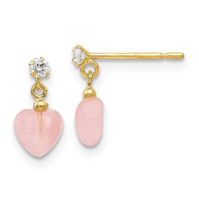 Women's sapphire earrings-Madi K Kid's 14k  CZ and Pink Cat's Eye Heart Dangle Post Earrings