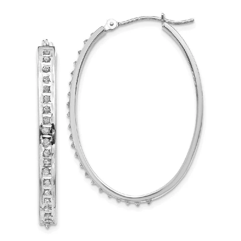 Women's sustainable earrings-14k White Gold Diamond Fascination Oval Hinged Hoop Earrings