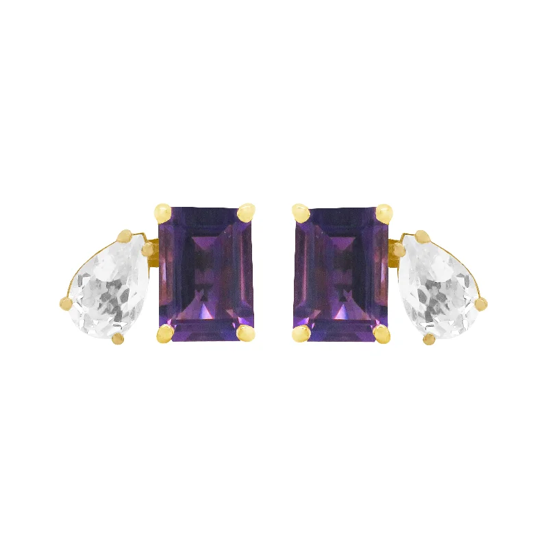 Women's family earrings-14K GOLD WHITE TOPAZ AND AMETHYST CHARLOTTE STUDS