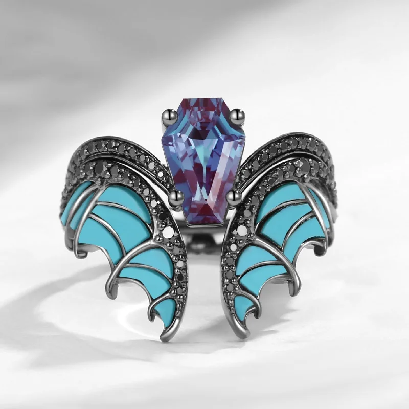 Women's heirloom rings-Unique Coffin Cut Lab Alexandrite Turquoise Black Gold Bridal Set 2pcs - Bat Ring