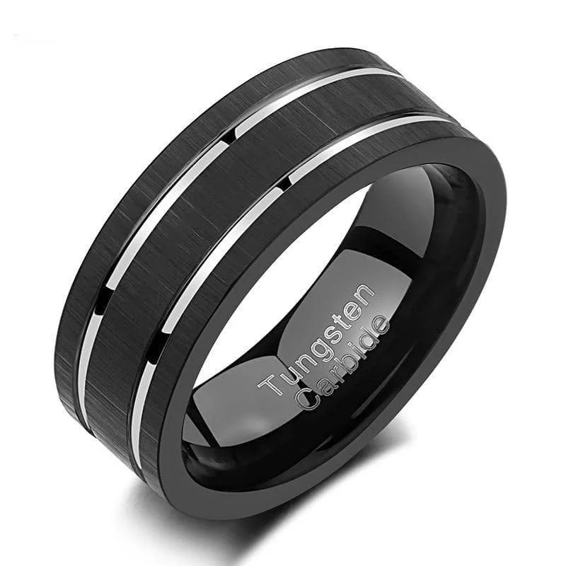 Women's Christmas rings-Black Tungsten Carbide Silver Line Matte Brushed Ring