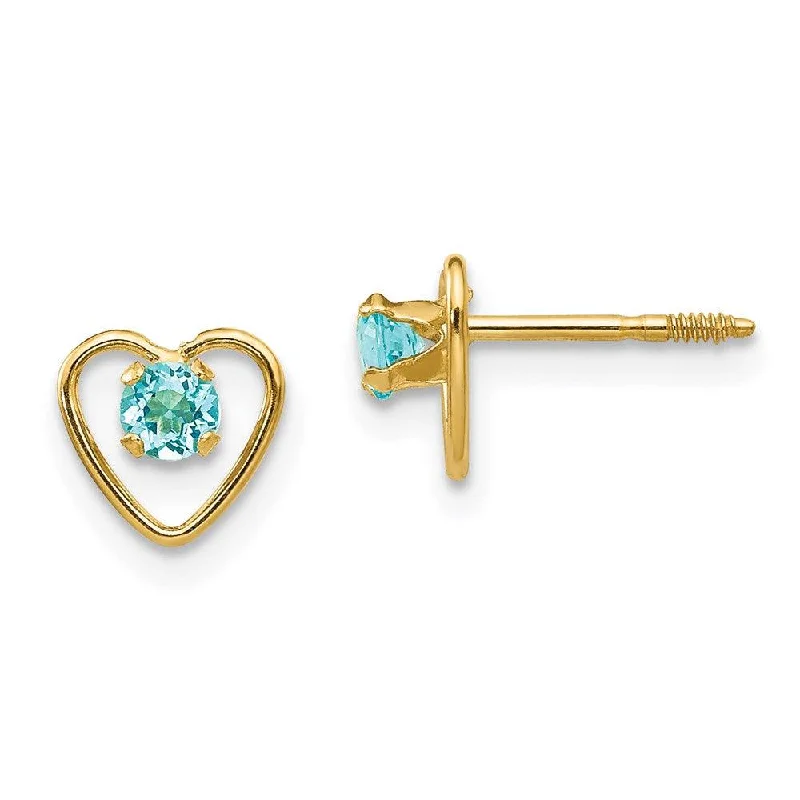 Women's lightweight earrings-Madi K Kid's 14k  3mm Blue Zircon Birthstone Heart Earrings