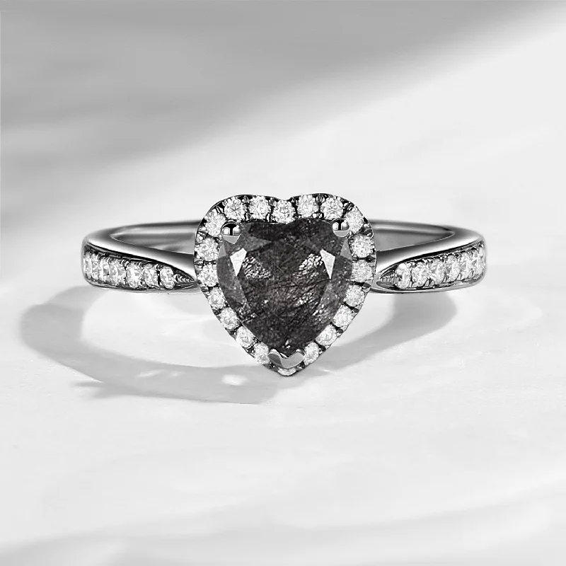 Women's adjustable rings-Classic Heart Shaped Halo Black Rutilated Quartz Promise Ring