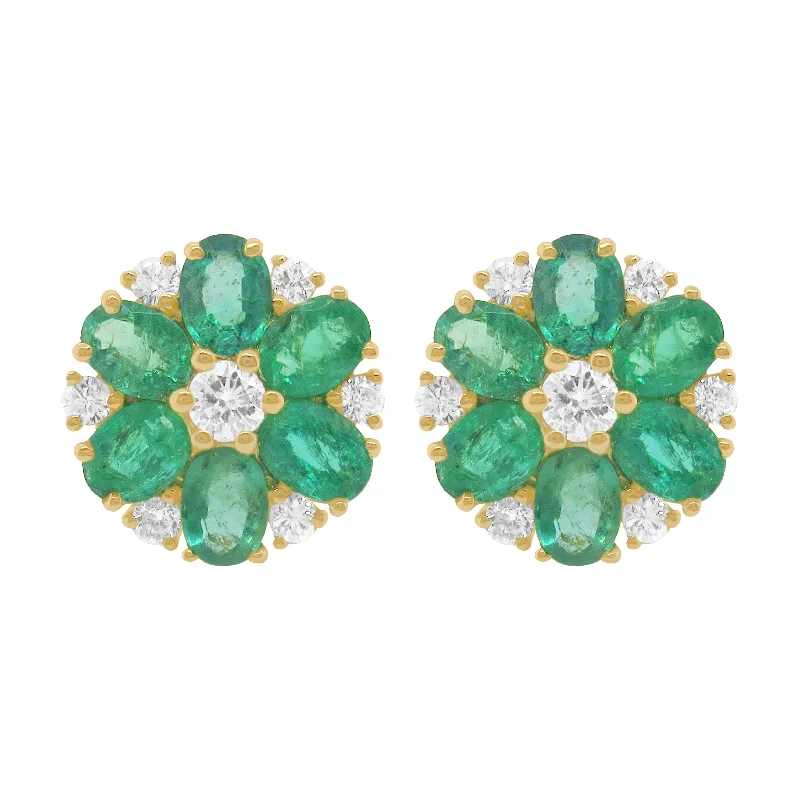 Women's party earrings-14K GOLD DIAMOND EMERALD MARIANA FLOWER STUDS