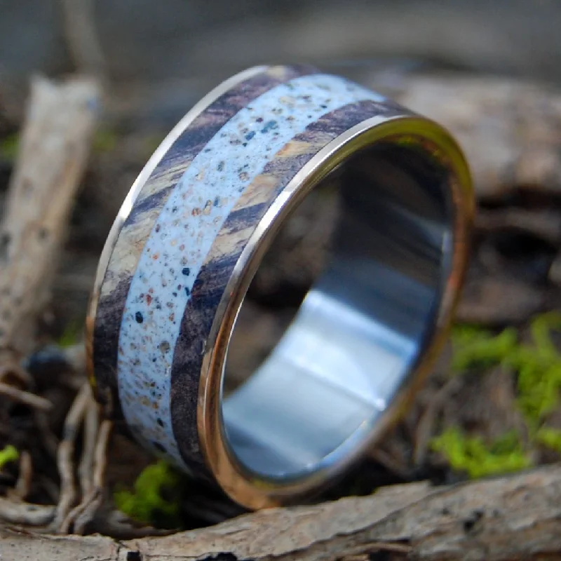 Women's seasonal rings-Marry Me In P-Town | Men's Provincetown Beach Sand, Bronze, Maple Wood & Titanium Wedding Ring