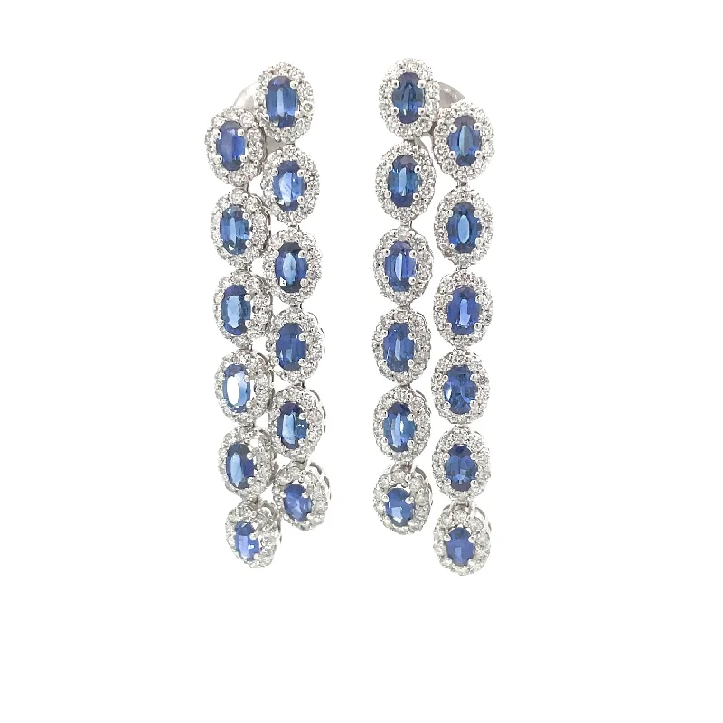 Women's threader earrings-White Gold Diamond Sapphire Drop Earrings