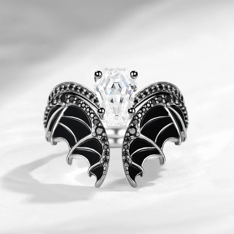 Women's luxury brand rings-Unique Coffin Cut Moissanite Onyx Black Gold Bridal Set 2pcs - Bat Ring