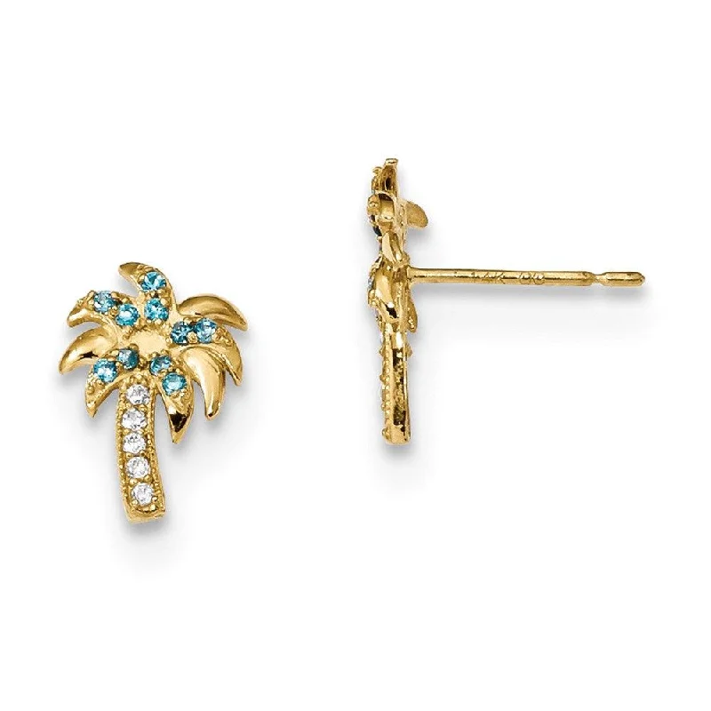 Women's handmade artisan earrings-Madi K Kid's 14k  Blue & Clear CZ Palm Tree Post Earrings