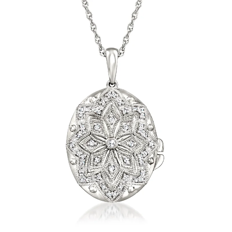 Women's fashion necklaces-Ross-Simons Diamond Floral Milgrain Locket Pendant Necklace in Sterling Silver