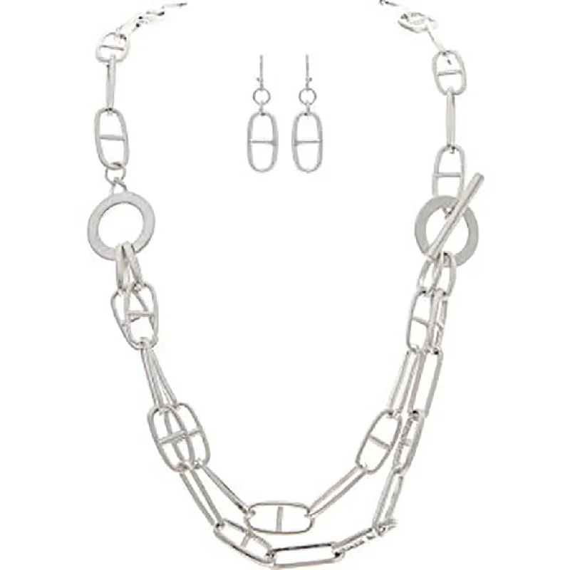 Women's custom engraving necklaces-Rain : Silver Mixed Chain Link Toggle Necklace Set