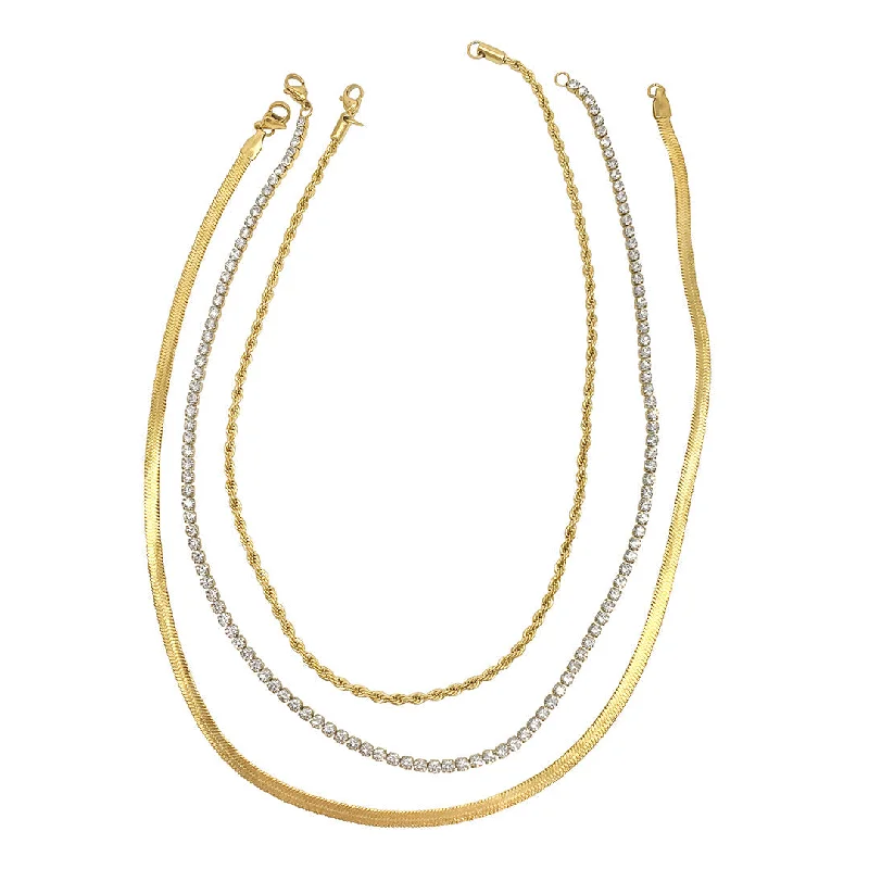 Women's gold necklaces-Adornia Herringbone Chain, Rope Chain, and Tennis Necklace Set gold