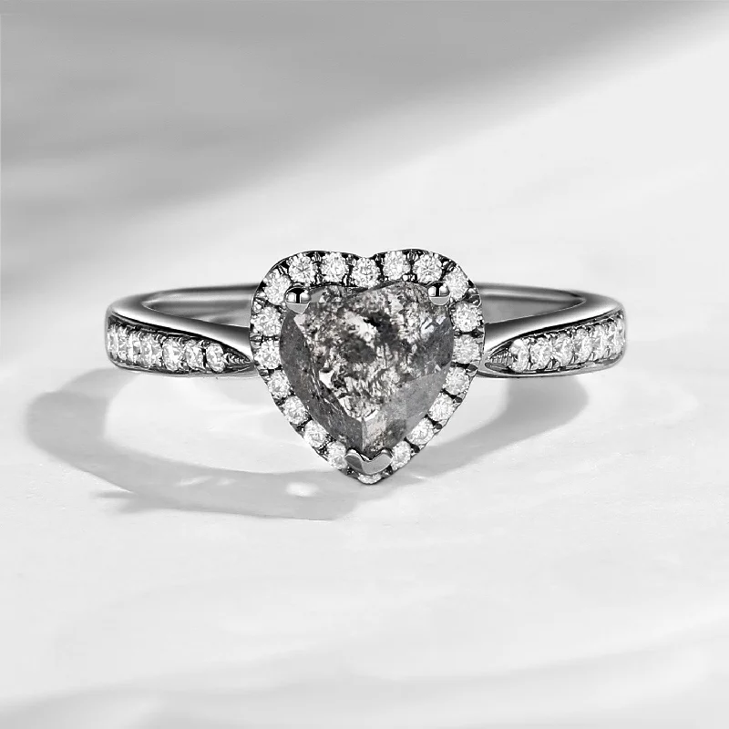 Women's eco-friendly rings-Classic Heart Shaped Halo Natural Salt And Pepper Diamond Promise Ring