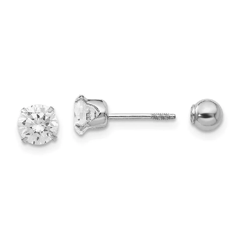 Women's spiritual earrings-Madi K Kid's 14k  White Gold 5mm CZ and 4mm Ball Reversible Earrings