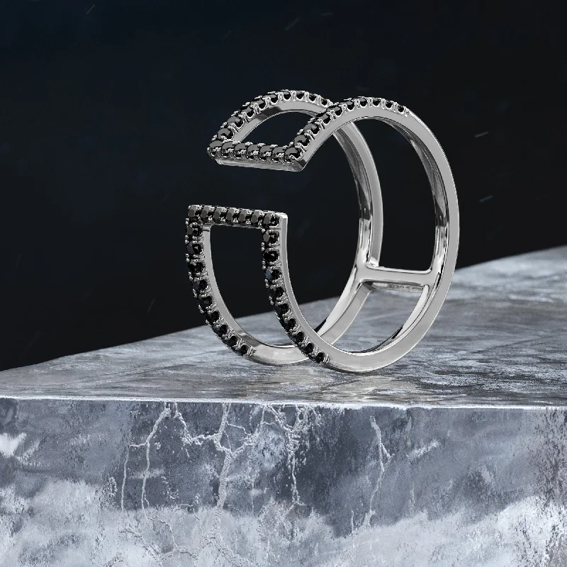 Women's moon phase rings-Bug Unique Wedding Ring with  Cut Natural Black Diamonds