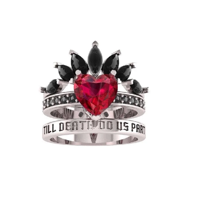 Women's sapphire rings-Till Death Do Us Part- 1.5 Carat Heart Created Diamond Wedding Ring Set