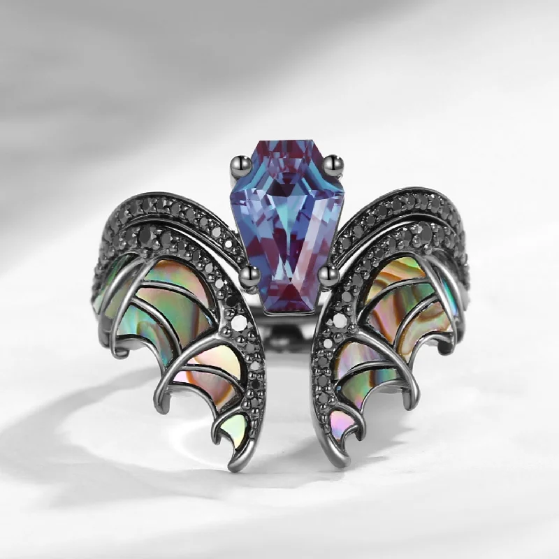 Women's moon phase rings-Unique Coffin Cut Lab Alexandrite Abalone Shell Black Gold Bridal Set 2pcs - Bat Ring