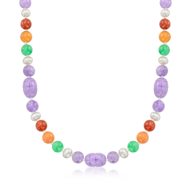 Women's gold necklaces-Ross-Simons Multicolored Jade and 6-6.5mm Cultured Pearl Necklace With 14kt Yellow Gold