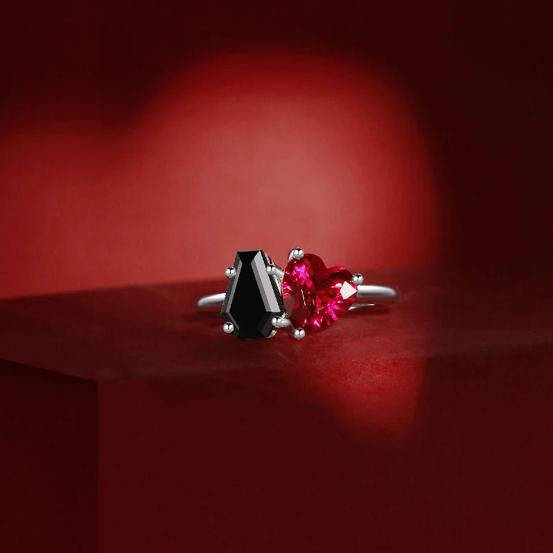 Women's wedding rings-Black Moissanite And Lab Ruby Ring Two Stone Coffin And Heart Cut Promise Ring - Toi Et Moi Ring