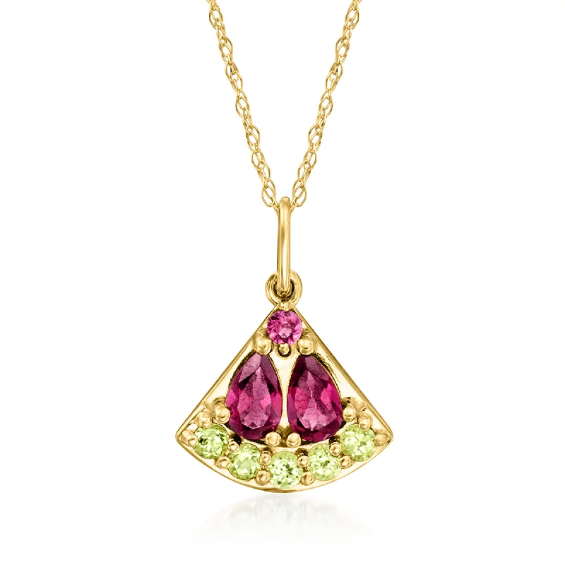 Minimalist women's necklaces-RS Pure by Ross-Simons Rhodolite Garnet and . Peridot Watermelon Pendant Necklace in 14kt Yellow Gold