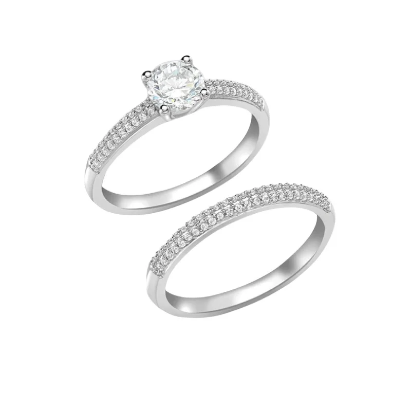 Women's family rings-9K White Gold CZ Solitaire & Band 2-Ring Set