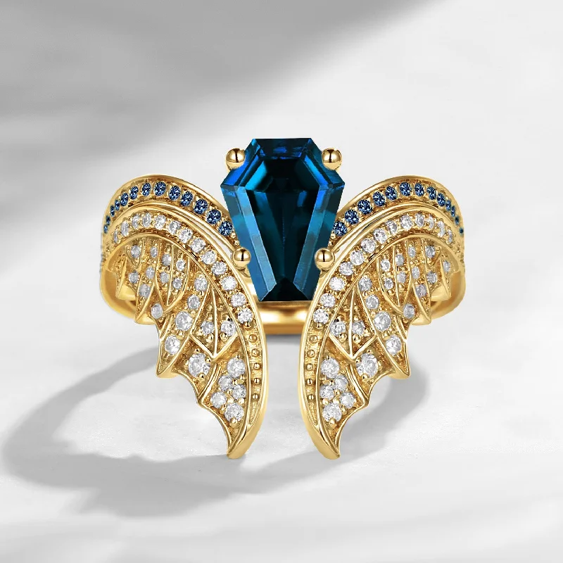 Women's sun rings-Coffin Cut London Blue Topaz Vintage Yellow Gold Bridal Set 2pcs - Bat Ring