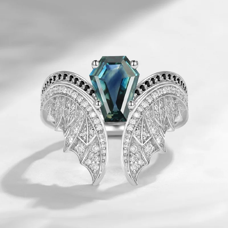 Women's modern design rings-Coffin Cut Lab Teal Sapphire Vintage White Gold Bridal Set 2pcs - Bat Ring