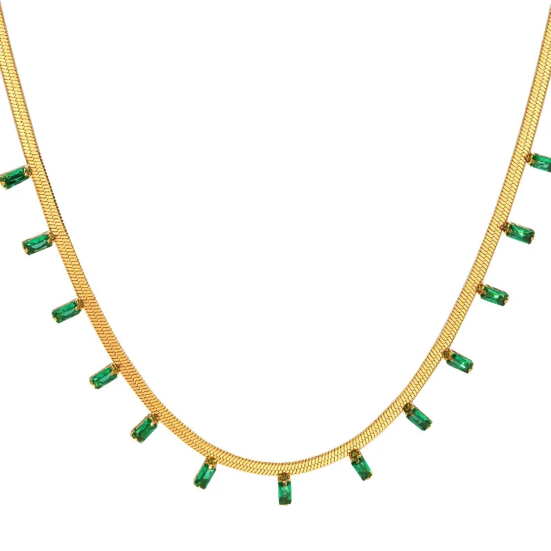 Women's gemstone necklaces-18K Gold Green Emerald Cut Charm Gold Necklace