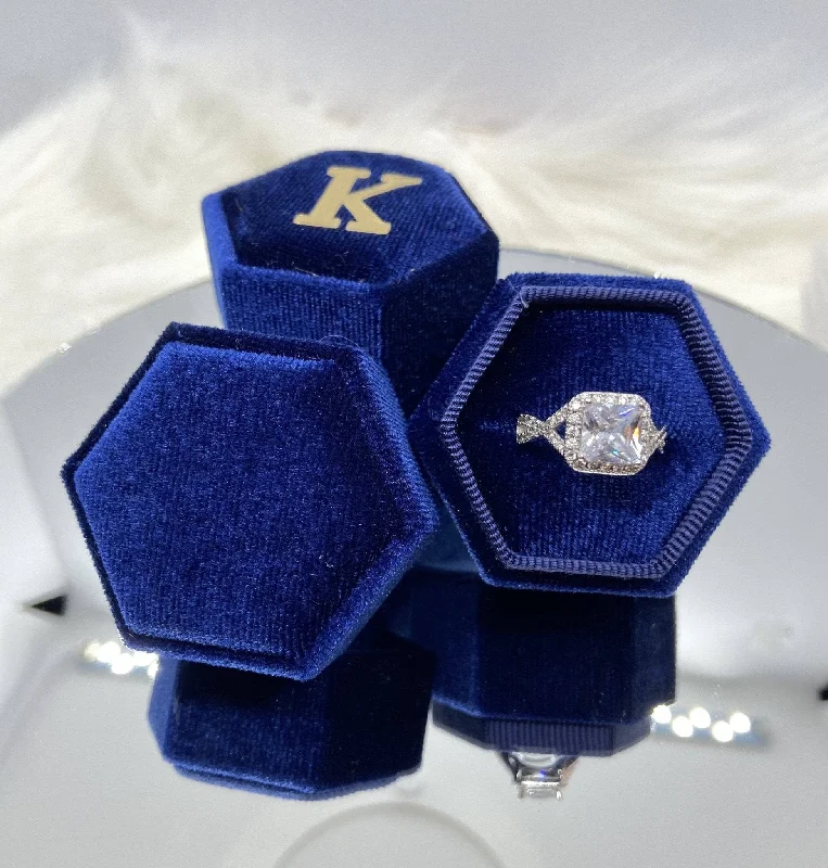 Luxury women's rings-Navy Blue Single Slot Hexagon Velvet Ring Box