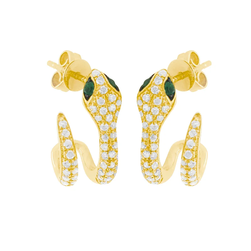 Women's modern design earrings-14K GOLD DIAMOND AND EMERALD SADIE SNAKE EARRINGS