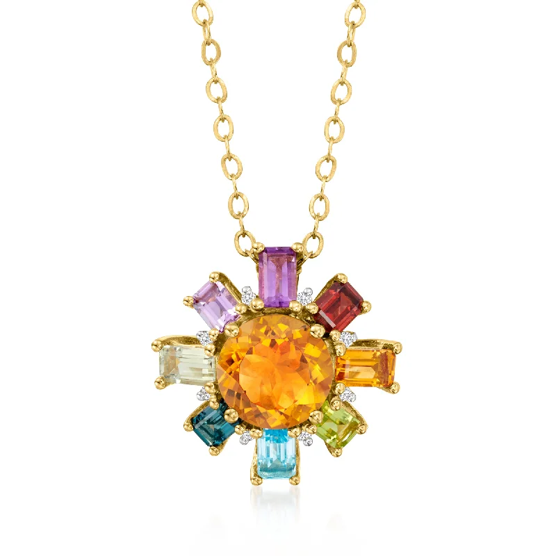 Women's stainless steel necklaces-Ross-Simons Multi-Gemstone Flower Pendant Necklace With Diamond Accents in 18kt Gold Over Sterling