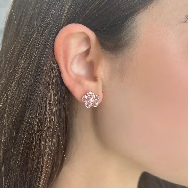 Women's platinum earrings-14K GOLD DIAMOND PINK SAPPHIRE DARA FLOWER STUDS