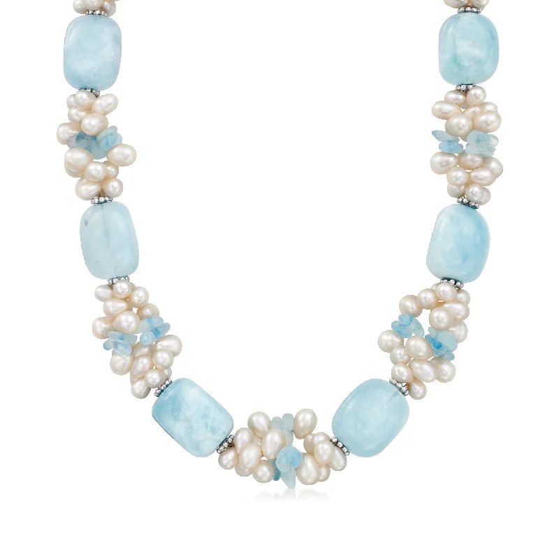 Custom women's necklaces-Ross-Simons Aquamarine Bead and 4-6mm Cultured Pearl Necklace With Sterling Silver