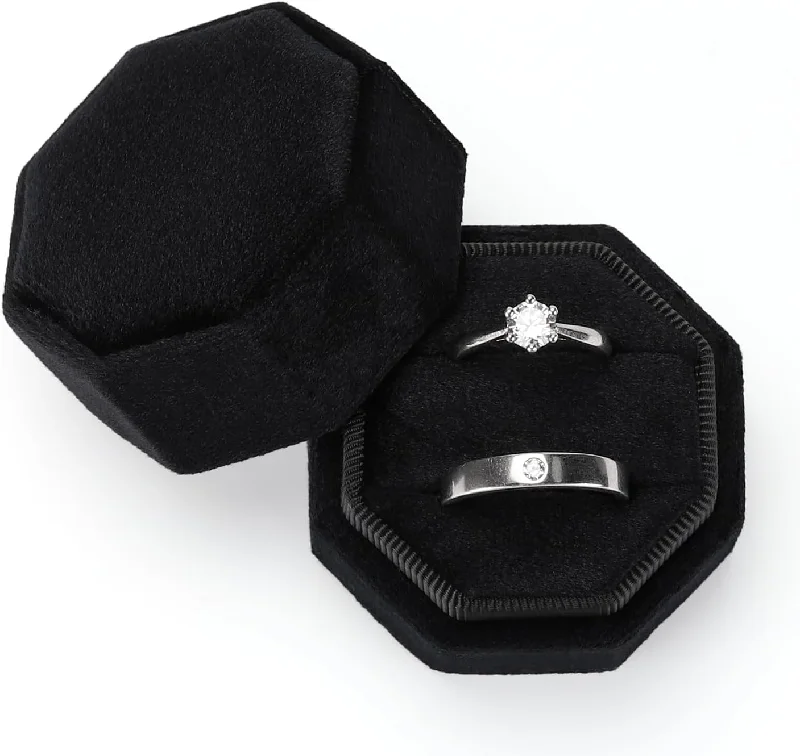 Women's charm rings-Black Love Is Patient Double Ring Slots Octagon Velvet Ring Box