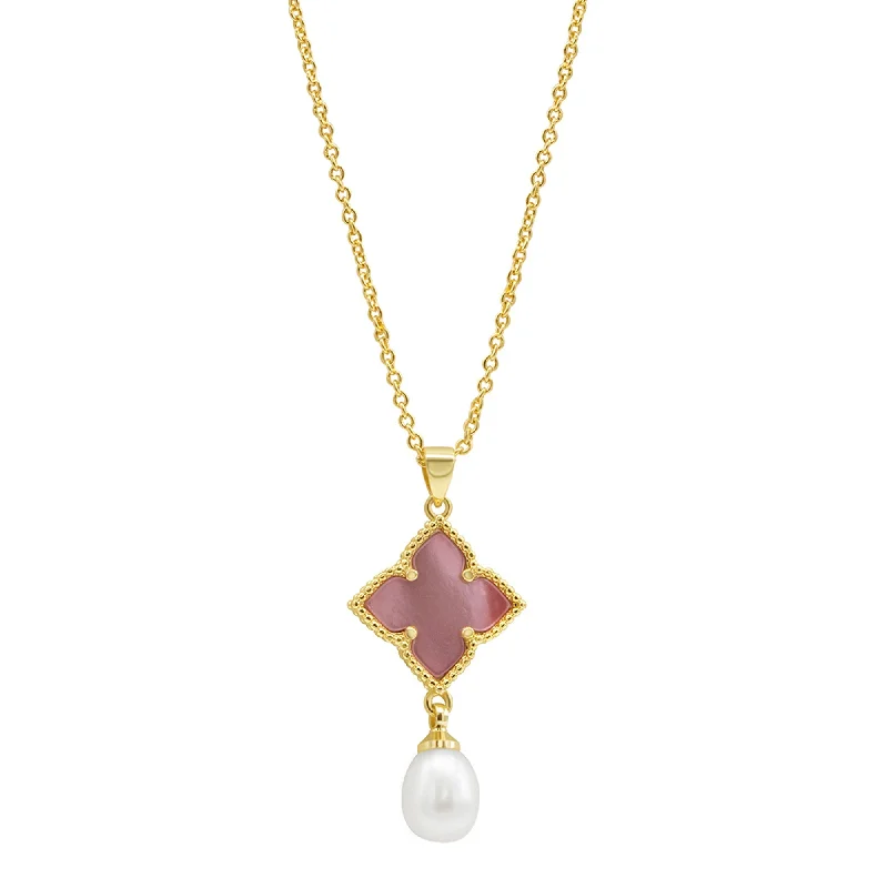 Women's family necklaces-14k Gold Plated Pink Mother-of-Pearl Flower With Freshwater Pearl Drop Necklace