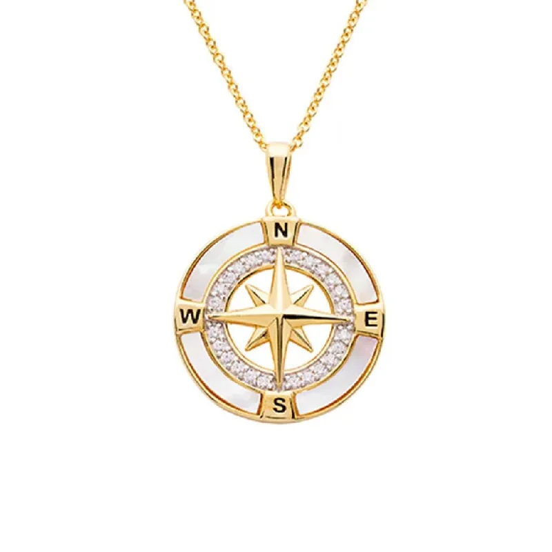 Women's silver-plated necklaces-Ocean : Compass Necklace - 14kt Gold Vermeil  MOP CZ