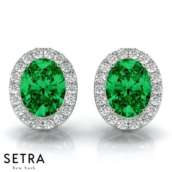 High-end women's rings-GREEN EMERALD OVAL SHAPE & ROUND CUT DIAMONDS HALO STUD EARRING 14K GOLD