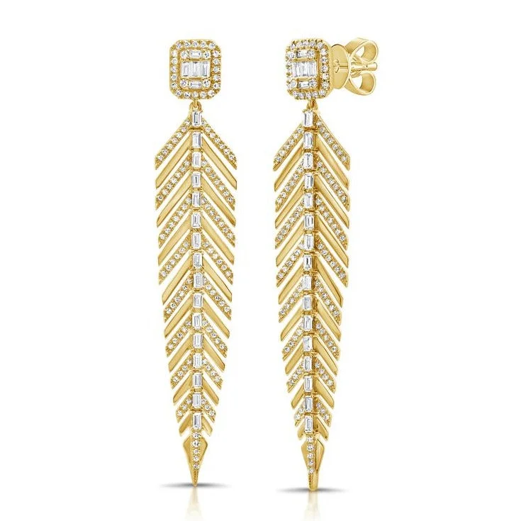 Women's luxury party earrings-14K GOLD DIAMOND TAYLOR FEATHER EARRINGS