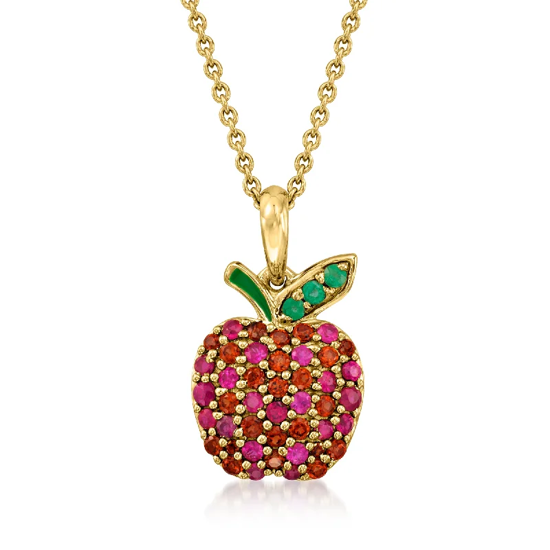 Women's locket necklaces-Ross-Simons Multi-Gemstone Apple Pendant Necklace With Green Enamel in 18kt Gold Over Sterling