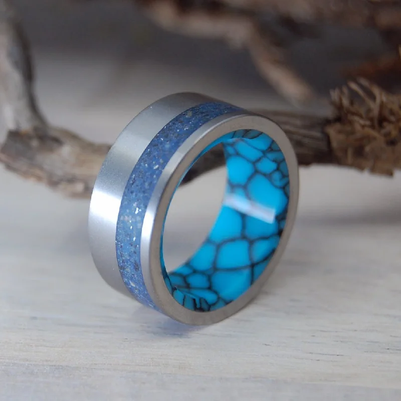 Women's astrology rings-Thinking Of Blue | Men's Beach Sand, Turquoise & Titanium Wedding Ring