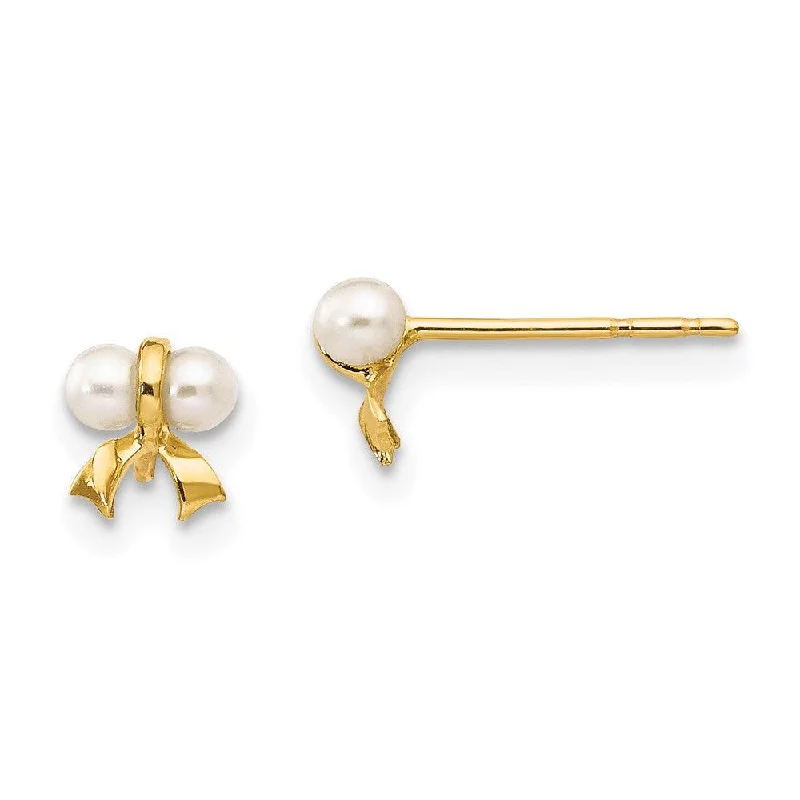 Women's photo earrings-Madi K Kid's 14k  White Button Freshwater Cultured Pearl Bow Post Earrings