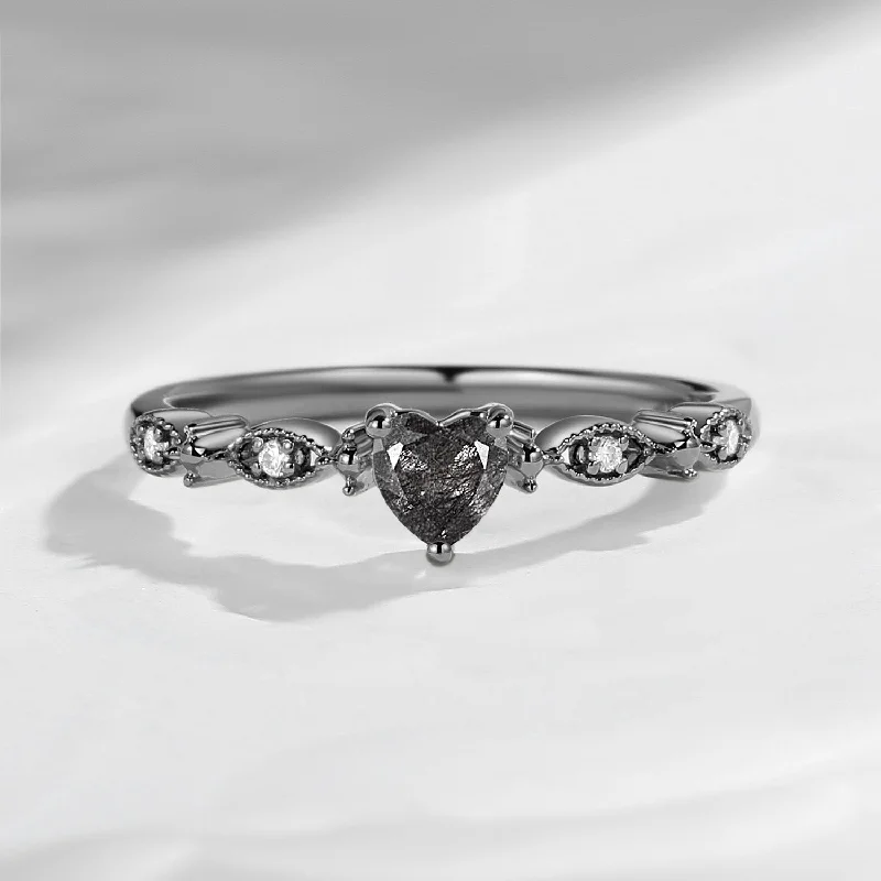 Women's limited edition rings-Dainty Heart Shaped Black Rutilated Quartz Classic Promise Ring