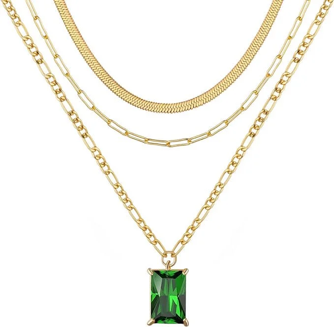 Women's K gold necklaces-18K Gold Multi Layer Emerald cut Green Necklace