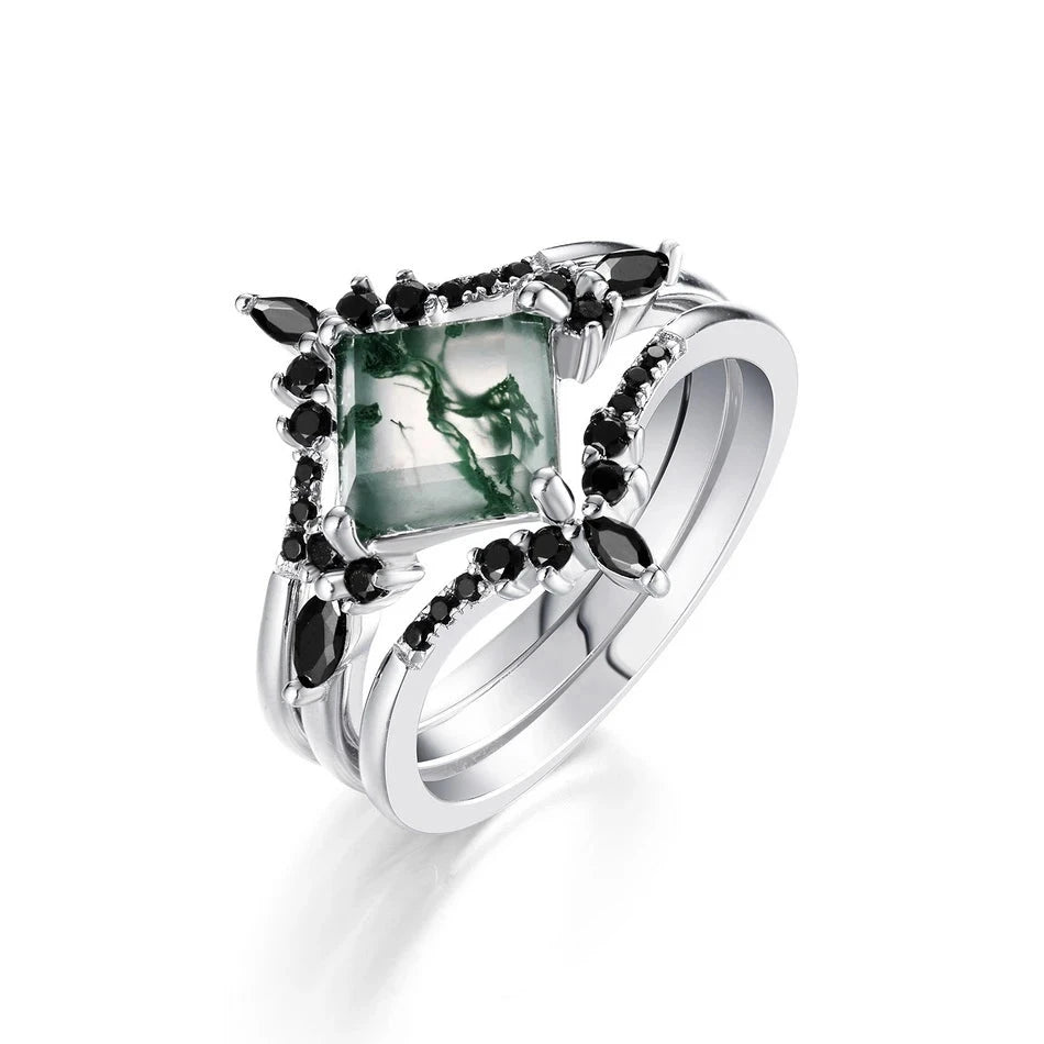 Women's art deco rings-Moss Agate and Black Diamonds Wedding Ring Set