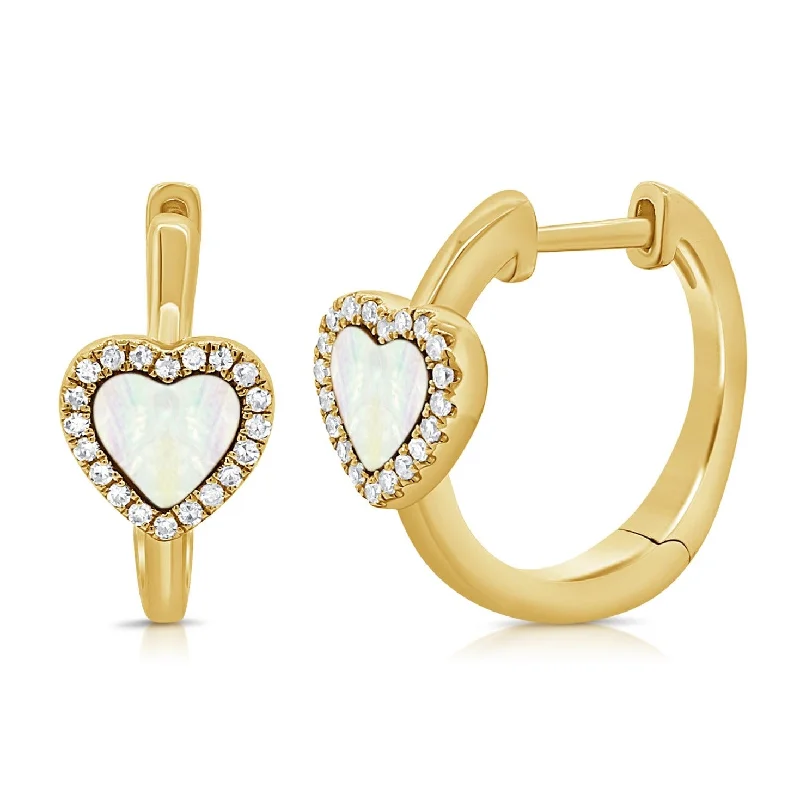 Women's art deco earrings-14K DIAMOND MOTHER OF PEARL HAILEY HEART HUGGIES